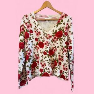 CeCe Pretty Rose/Floral Soft V-Neck Women's Large Lightweight Sweater